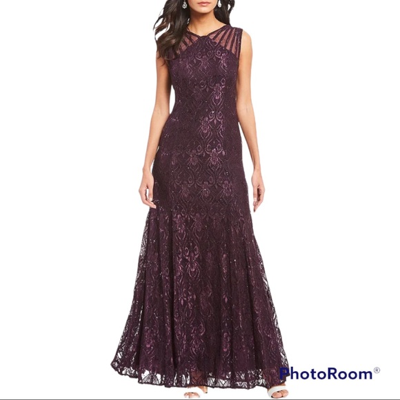 R&M Richards Illusion Shoulder High V-Neck Sleeveless Lace Sheath Gown - Picture 1 of 5